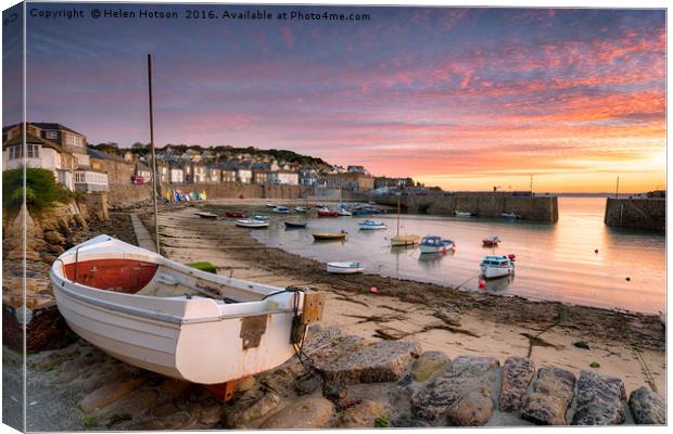 Sunrise over Fishing Boats at Mousehole Canvas Print by Helen Hotson