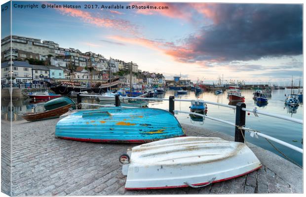 Sunset over Brixham Harbour Canvas Print by Helen Hotson