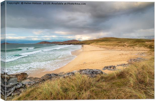 Moody Skies over Traigh Iar beach Canvas Print by Helen Hotson