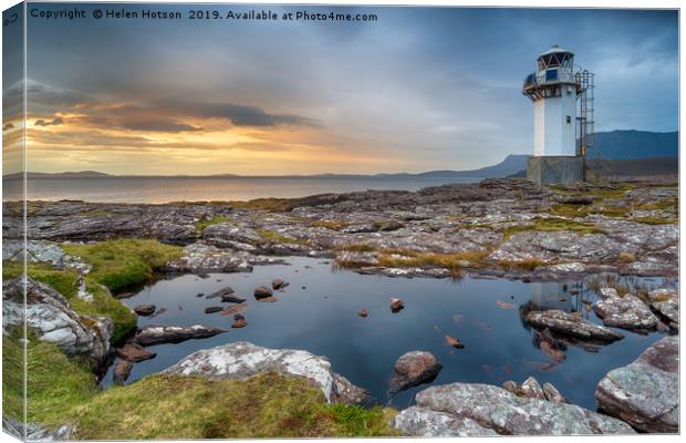 Stormy sunset at Rhe lighthouse near Ullapool  Canvas Print by Helen Hotson
