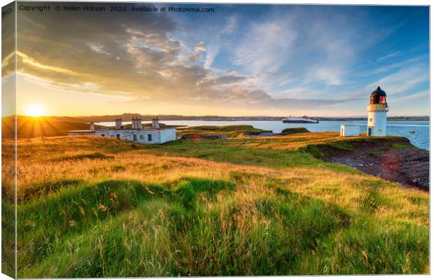 Stunning sunset over Arnish Point and it's lightho Canvas Print by Helen Hotson