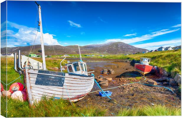 Old fishing boats at Leverburgh on the Isle of Harris Canvas Print by Helen Hotson
