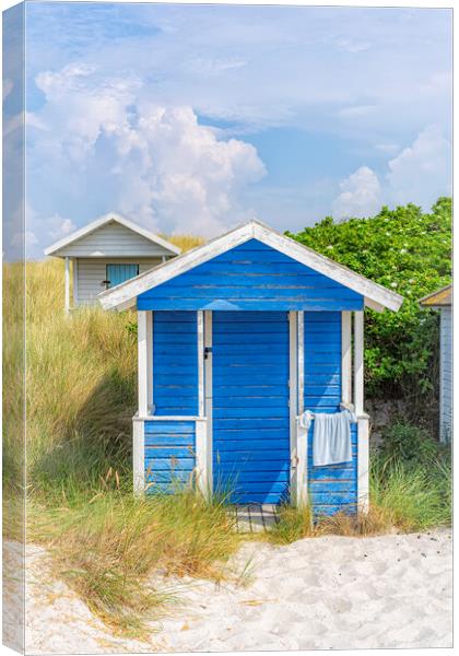 Skanor Beach Hut in Blue and White Canvas Print by Antony McAulay