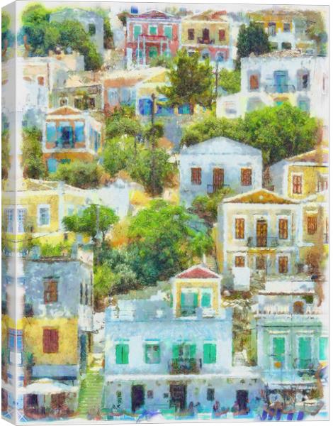 Symi Greek Island Houses Digital Painting Canvas Print by Antony McAulay