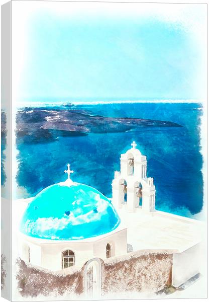 Firostefani church digital watercolor painting Canvas Print by Antony McAulay