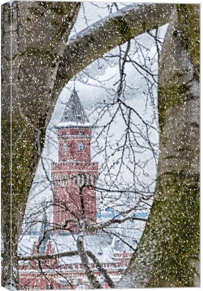 Helsingborg Town Hall Snowing Canvas Print by Antony McAulay