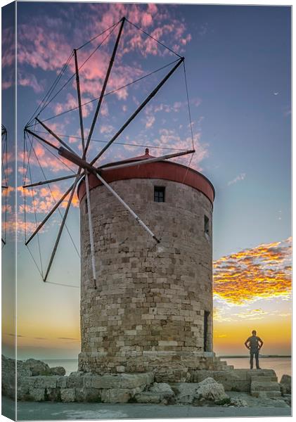 Rhodes Windmill and Sunrise Watcher Canvas Print by Antony McAulay