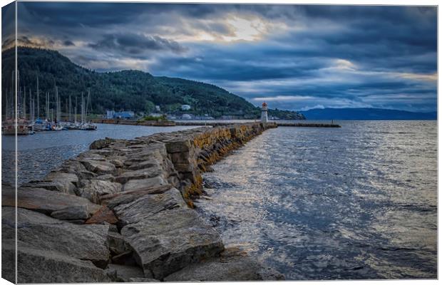 Trondheim Harbour Lighthouse at Sunset Canvas Print by Antony McAulay