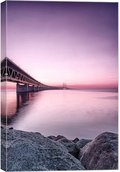 Oresunds Bridge at Sunset in Purple Canvas Print by Antony McAulay