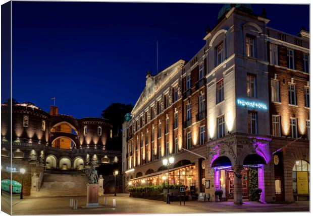 Helsingborg Old Bank Building Corner at Night Canvas Print by Antony McAulay