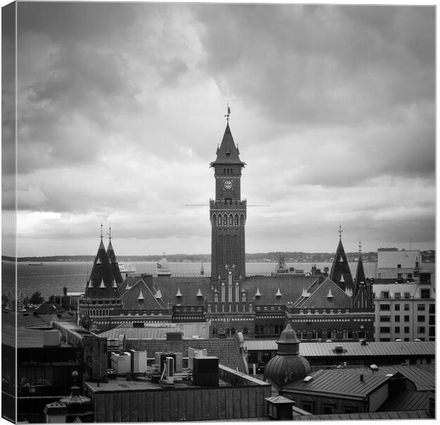 Helsingborg Town Hall in Black and White Canvas Print by Antony McAulay