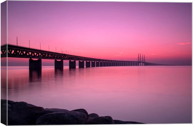 Oresunds Bridge at Sunset with Panoramic Shoreline Canvas Print by Antony McAulay