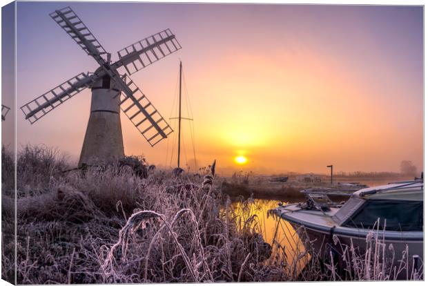 Frosty sunrise at Thurne Mill Canvas Print by Steve Hardiman