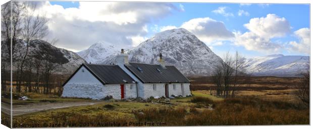 Panorama of The Black Rock Cottage in Glen Coe Canvas Print by Jane Braat