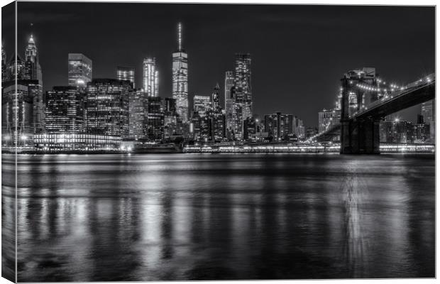 New York Skyline & Brooklyn Bridge Black & White Canvas Print by Chris Curry