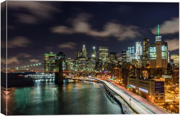 New York City Lights & Brooklyn Bridge Canvas Print by Chris Curry