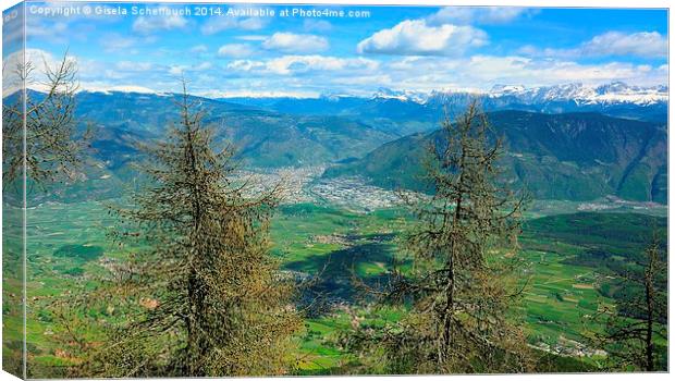  View of Bolzano and the Dolomites Canvas Print by Gisela Scheffbuch