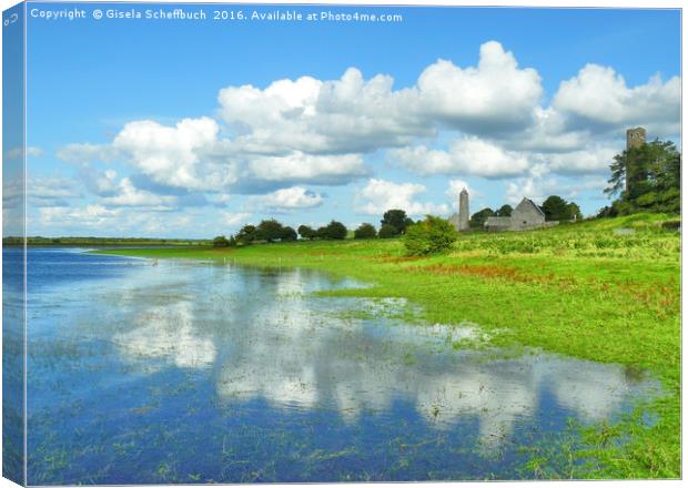 The Shannon Riverbanks at Clonmacnoise Canvas Print by Gisela Scheffbuch