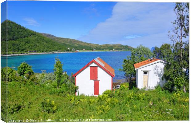 Fjordside Cabins Canvas Print by Gisela Scheffbuch