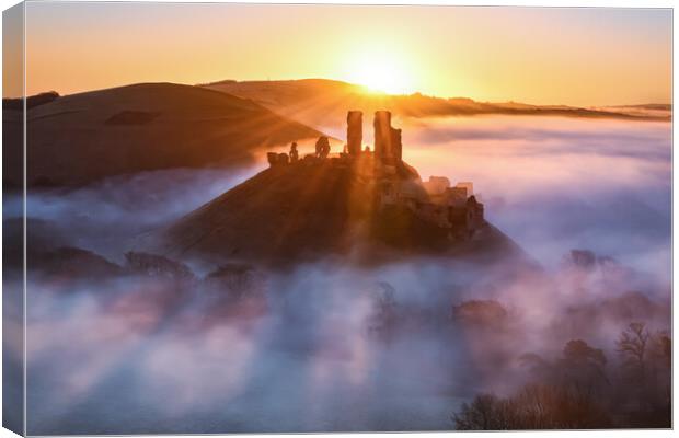 Corfe Castle foggy sunrise  Canvas Print by Shaun Jacobs