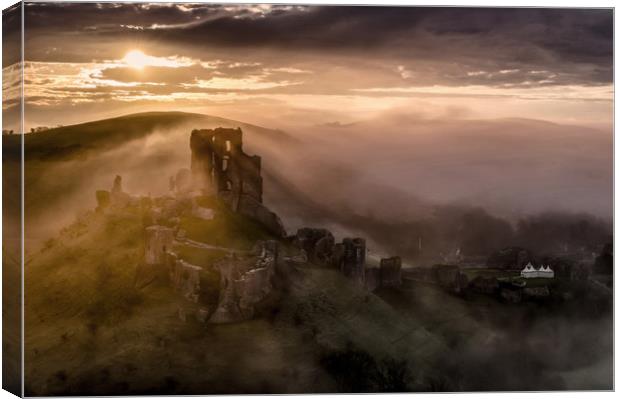 Corfe Castle misty sunrise  Canvas Print by Shaun Jacobs