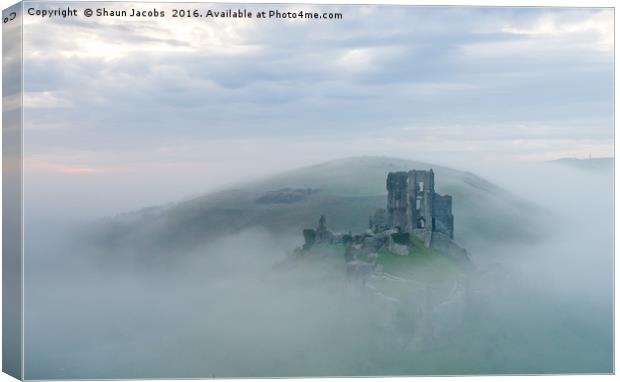 Corfe castle in the mist Canvas Print by Shaun Jacobs