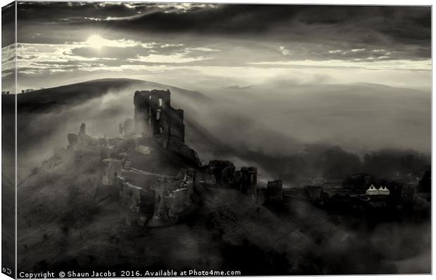 Corfe castle in the mist  Canvas Print by Shaun Jacobs