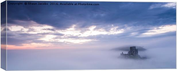 Corfe castle misty morning  Canvas Print by Shaun Jacobs