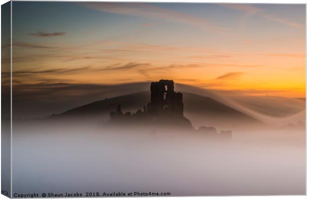 Corfe Castle on a foggy morning  Canvas Print by Shaun Jacobs