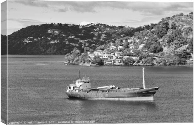 freighter island of grenada in  monochrome Canvas Print by keith hannant