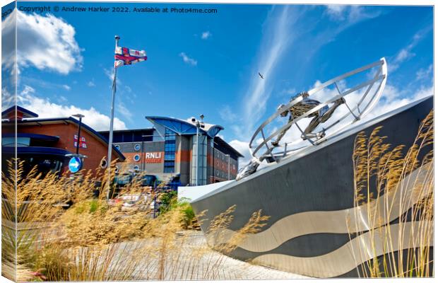 The RNLI College and Memorial Sculpture at Poole,  Canvas Print by Andrew Harker