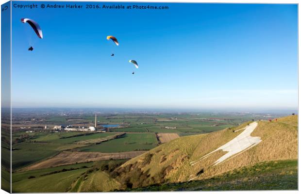 Paragliders, Westbury White Horse, Wiltshire, UK Canvas Print by Andrew Harker