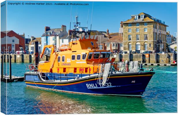 Weymouth RNLI Lifeboat "Ernest and Mabel" Canvas Print by Andrew Harker