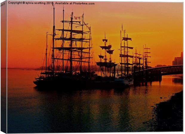 Tall ships at sunrise  Canvas Print by sylvia scotting