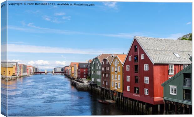 Historic Buildings River Nidelva Trondheim Norway Canvas Print by Pearl Bucknall