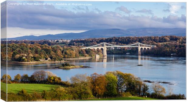 Menai Strait and Suspension Bridge Anglesey Wales Canvas Print by Pearl Bucknall