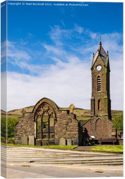 St Peter's Church and Clock Tower in Peel Isle of  Canvas Print by Pearl Bucknall