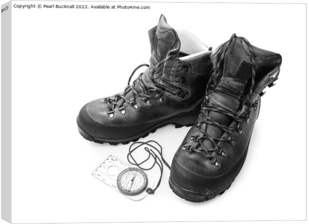 Hiking Boots and Compass Black and White Canvas Print by Pearl Bucknall