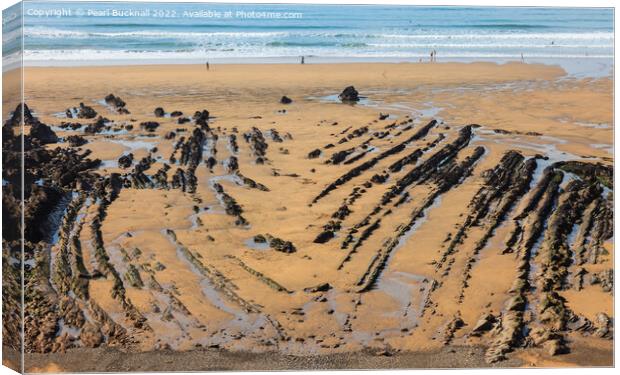 Bude Rocks on Beach Cornwall Coast Canvas Print by Pearl Bucknall