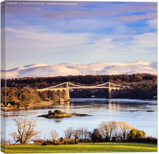 Menai Bridge in Winter Anglesey Coast Wales Canvas Print by Pearl Bucknall