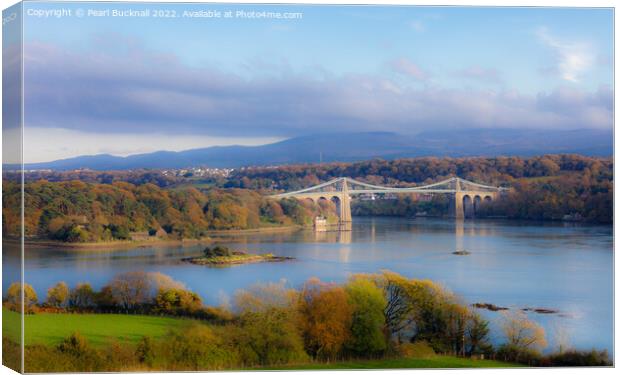 Menai Strait and Bridge in Autumn Anglesey Canvas Print by Pearl Bucknall