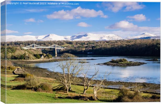 Menai Strait and Mountains from Anglesey Canvas Print by Pearl Bucknall