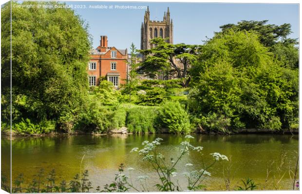 Hereford Cathedral across River Wye Herefordshire Canvas Print by Pearl Bucknall
