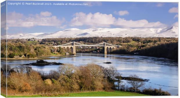 Magnificent Menai and Mountains from Anglesey Pano Canvas Print by Pearl Bucknall