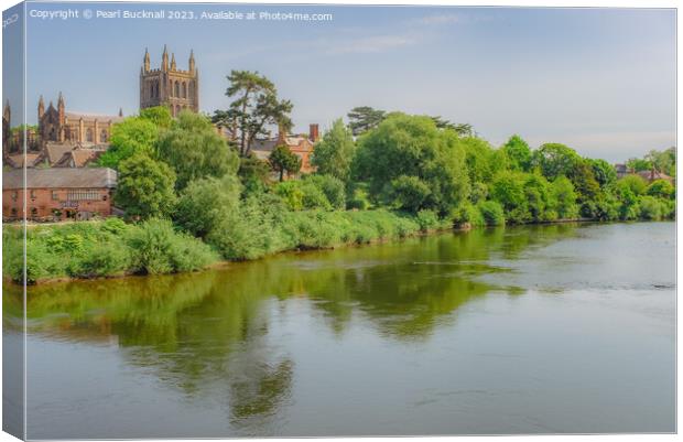 Hereford Cathedral Across River Wye Herefordshire Canvas Print by Pearl Bucknall