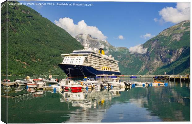 Cruise Ship in Geiranger Fjord Norway  Canvas Print by Pearl Bucknall