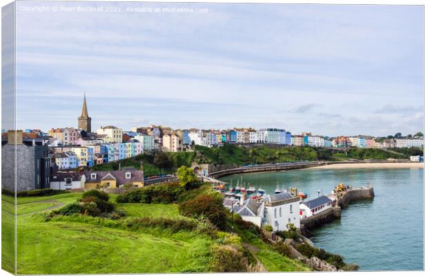 Tenby Seafront from Castle Hill Pembrokeshire Canvas Print by Pearl Bucknall