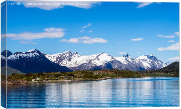 Snow capped Mountains on Norwegian Fjord Canvas Print by Pearl Bucknall