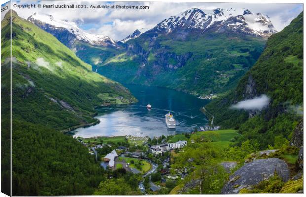 Cruise Ships in Geiranger Fjord Norway Canvas Print by Pearl Bucknall
