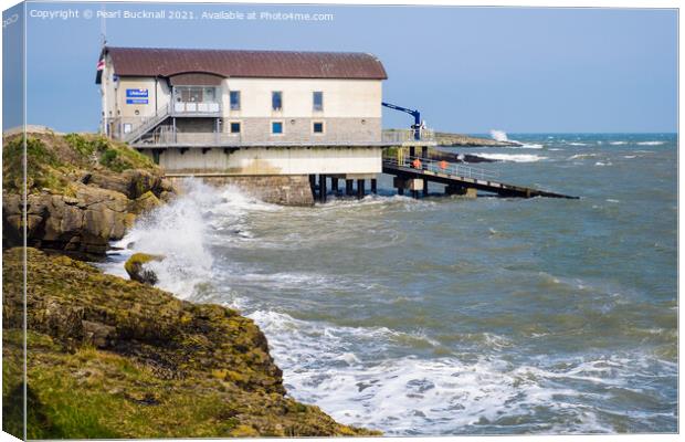 Moelfre Lifeboat Station in Choppy Seas Anglesey Canvas Print by Pearl Bucknall